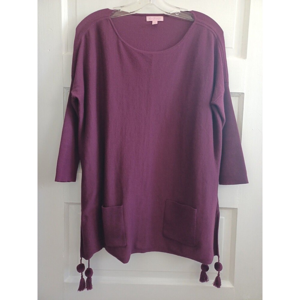 Lilly Pulitzer Elba purple tunic sweater XS tassels pockets minimalist top